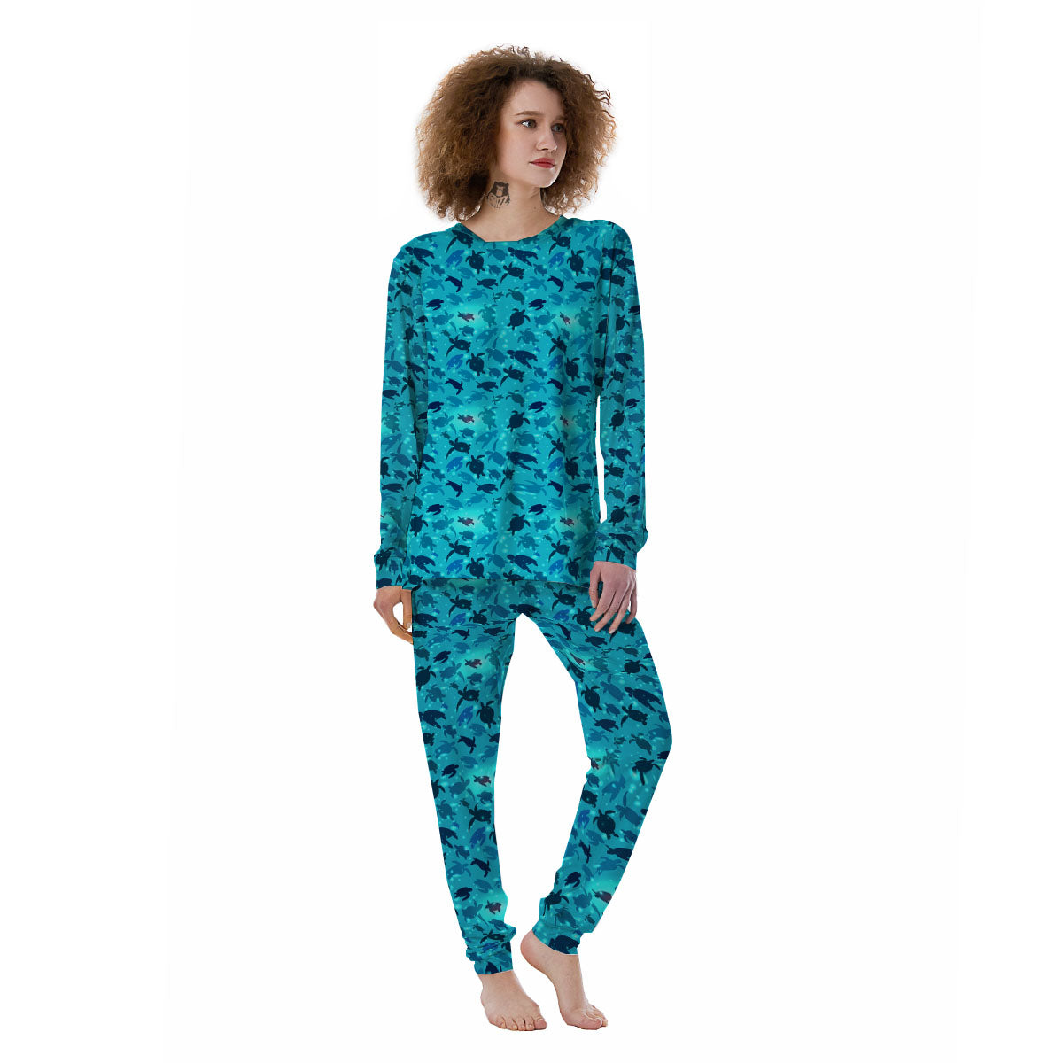Sea Turtle Black And Blue Print Pattern Women's Pajamas-grizzshop