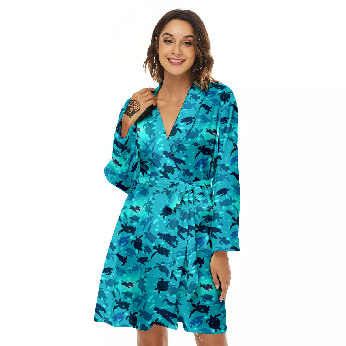 Sea Turtle Black And Blue Print Pattern Women's Robe-grizzshop