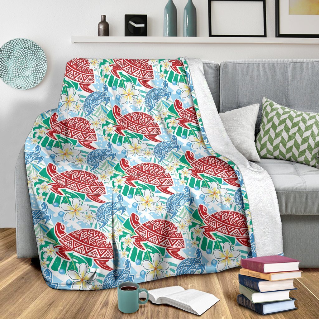 Sea Turtle Floral Hawaiian Pattern Print Blanket-grizzshop