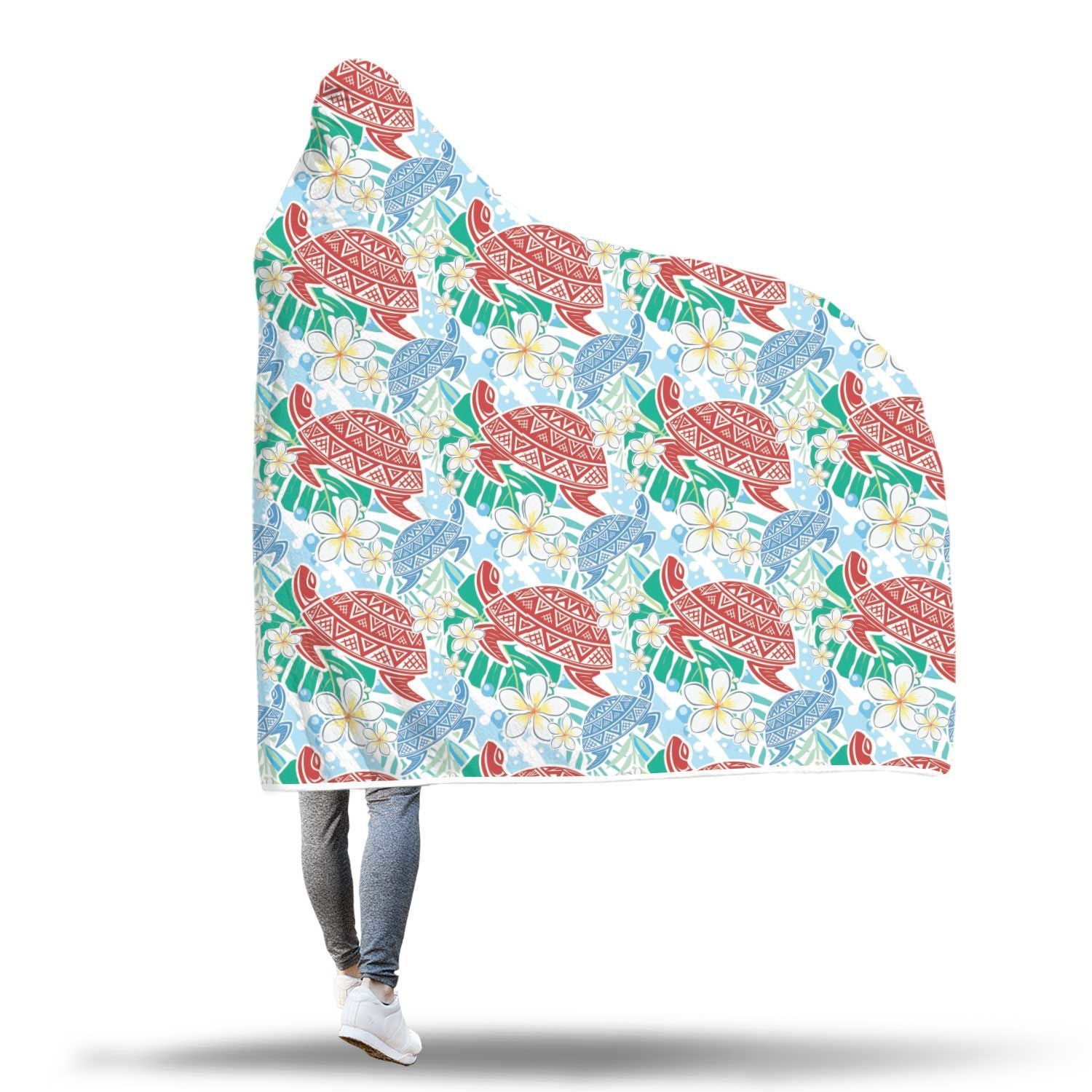 Sea Turtle Floral Hawaiian Pattern Print Hooded Blanket-grizzshop