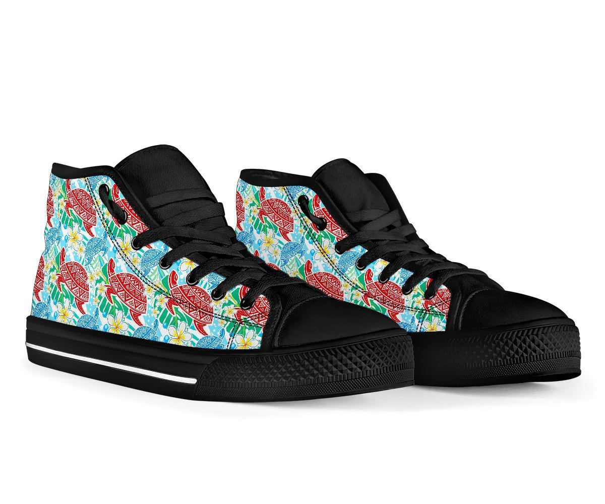 Sea Turtle Floral Hawaiian Pattern Print Men Women's High Top Shoes-grizzshop