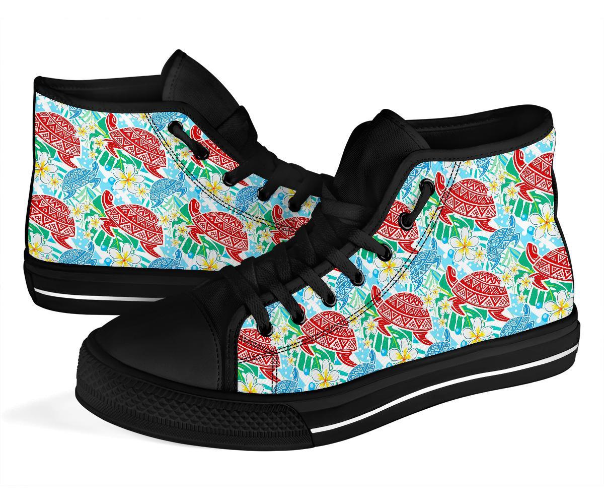 Sea Turtle Floral Hawaiian Pattern Print Men Women's High Top Shoes-grizzshop