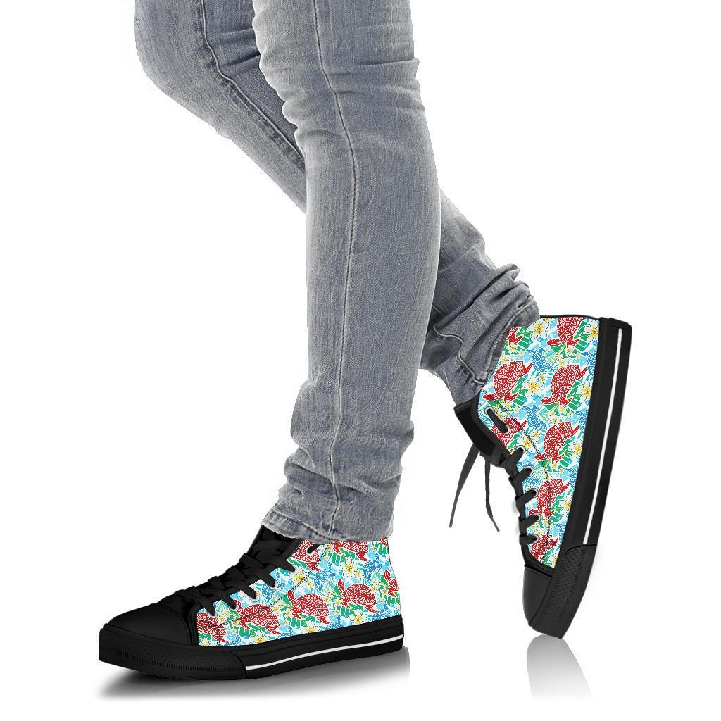 Sea Turtle Floral Hawaiian Pattern Print Men Women's High Top Shoes-grizzshop