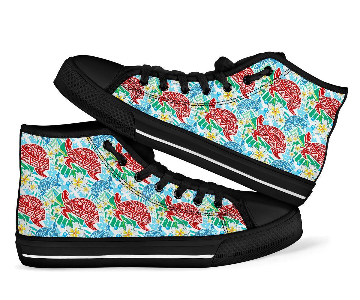Sea Turtle Floral Hawaiian Pattern Print Men Women's High Top Shoes-grizzshop
