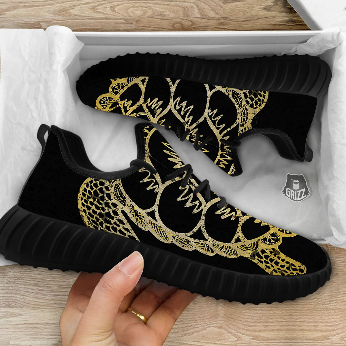 Sea Turtle Gold And Black Print Black Walking Shoes-grizzshop
