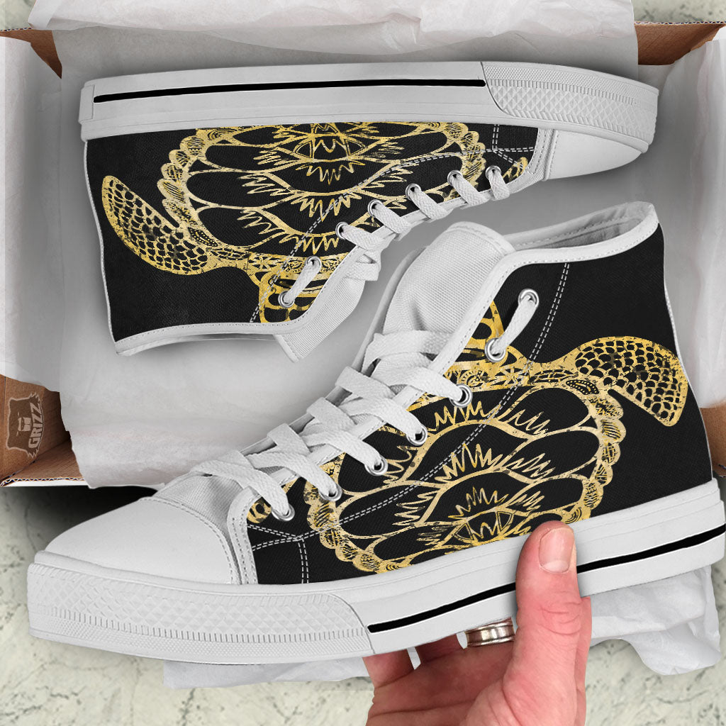 Sea Turtle Gold And Black Print White High Top Shoes-grizzshop