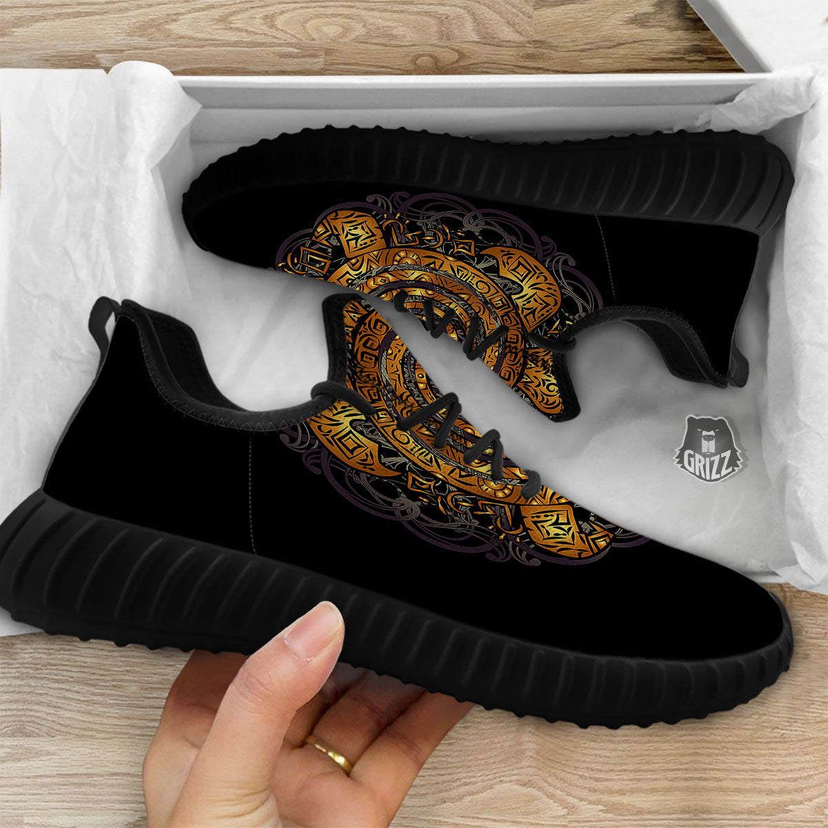 Sea Turtle Golden Tribal Print Black Walking Shoes-grizzshop