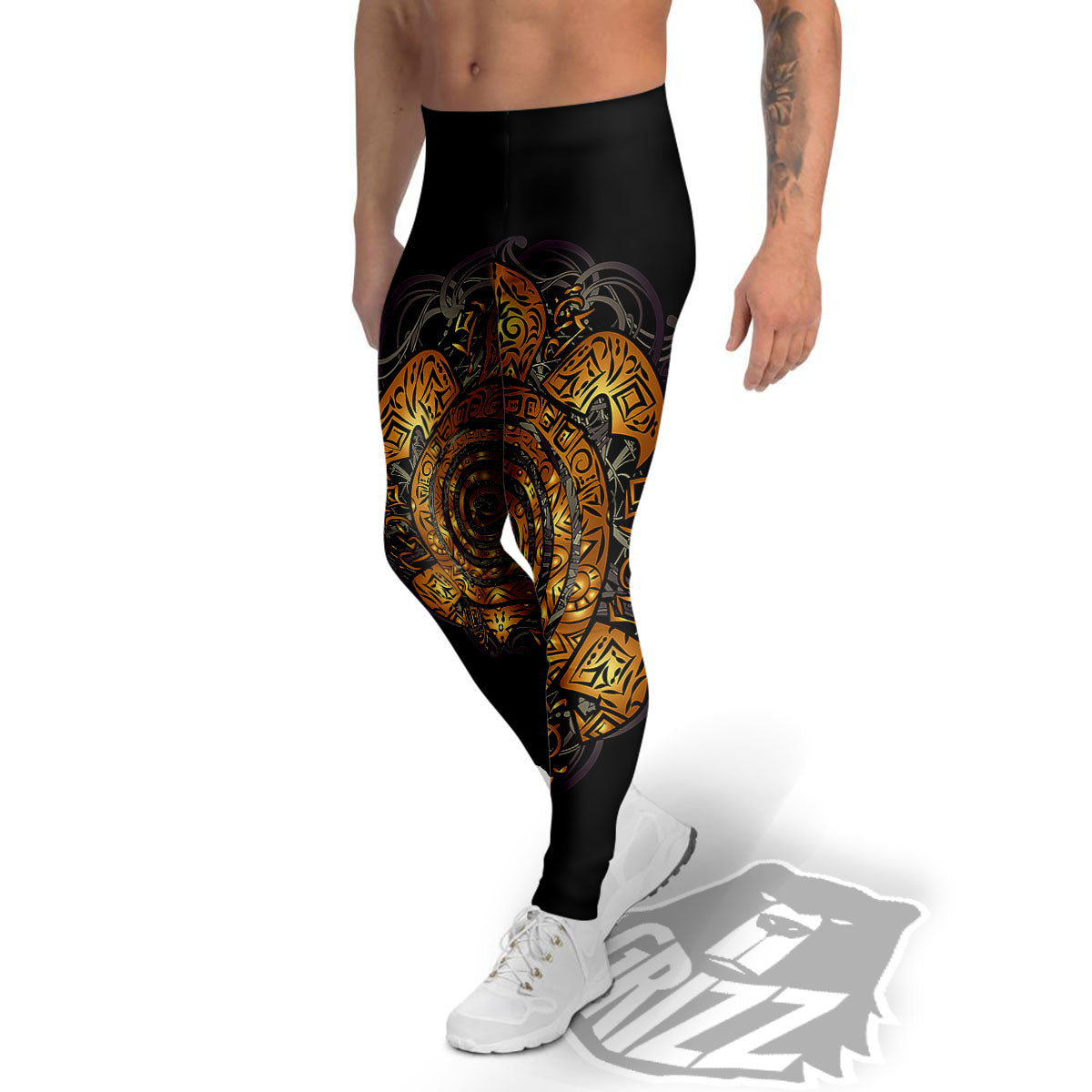 Sea Turtle Golden Tribal Print Men's Leggings-grizzshop