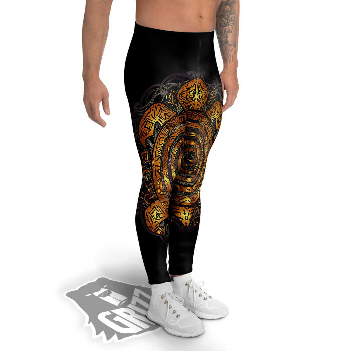 Sea Turtle Golden Tribal Print Men's Leggings-grizzshop