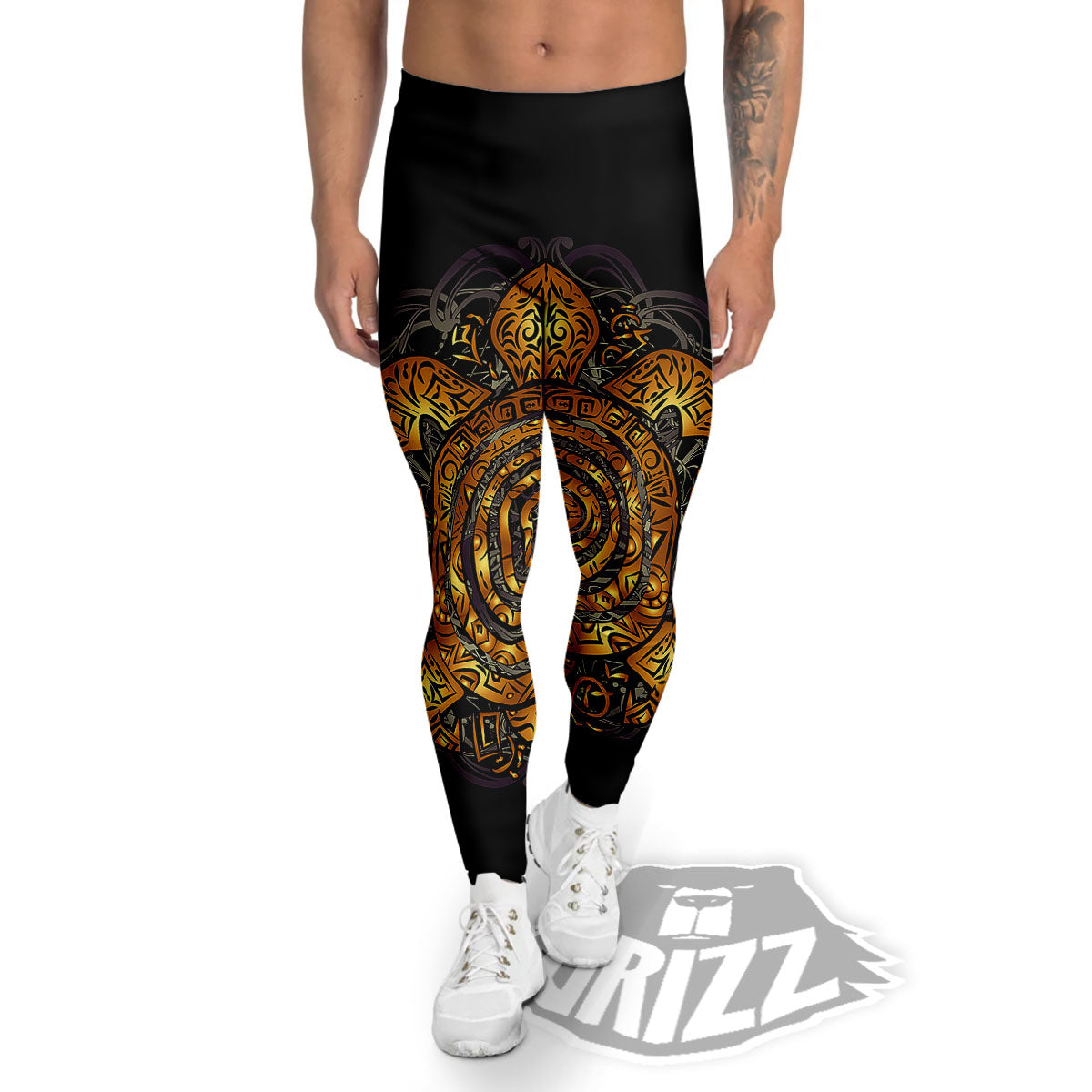 Sea Turtle Golden Tribal Print Men's Leggings-grizzshop