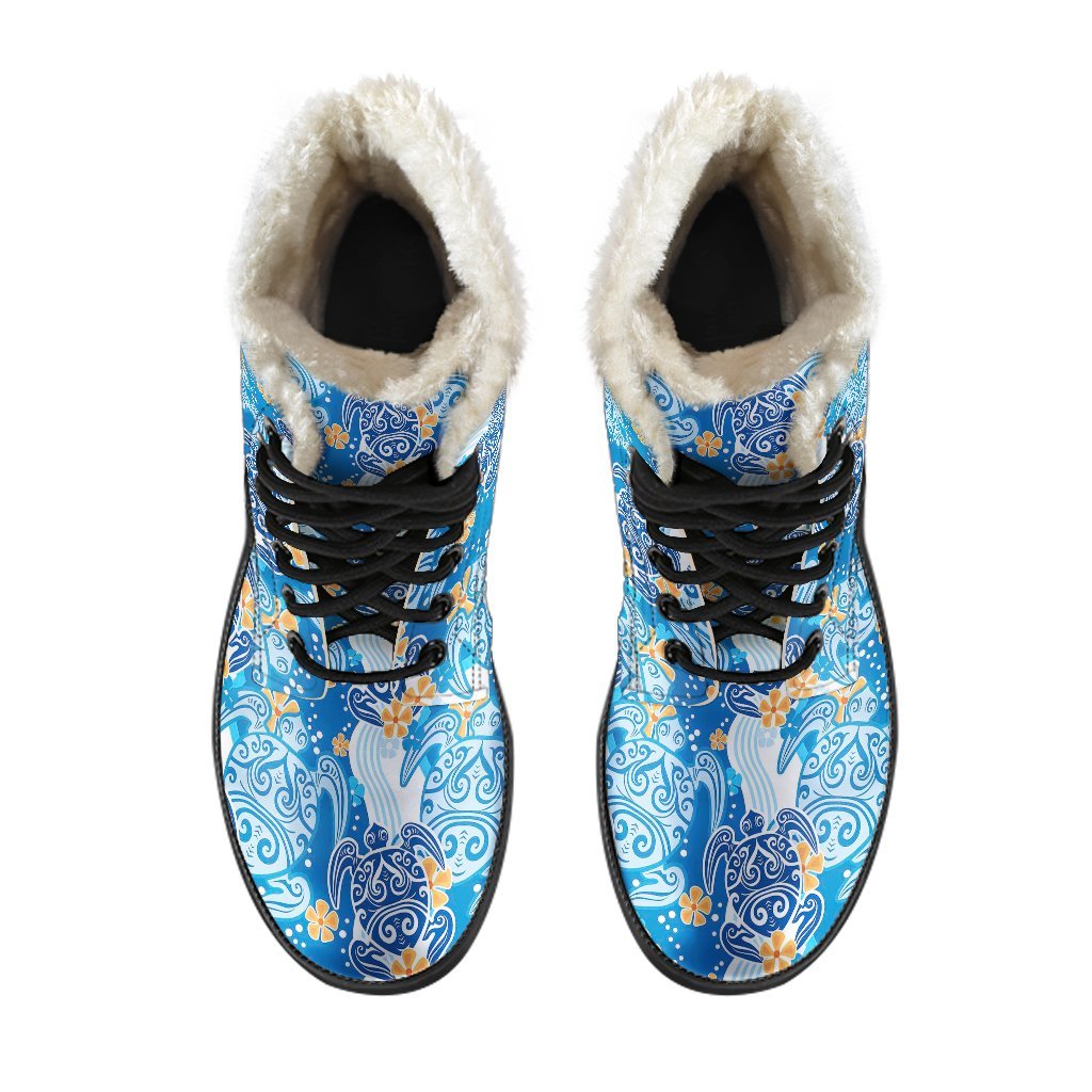 Sea Turtle Hawaiian Blue Pattern Print Comfy Winter Boots-grizzshop