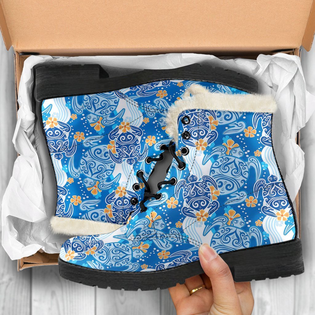 Sea Turtle Hawaiian Blue Pattern Print Comfy Winter Boots-grizzshop