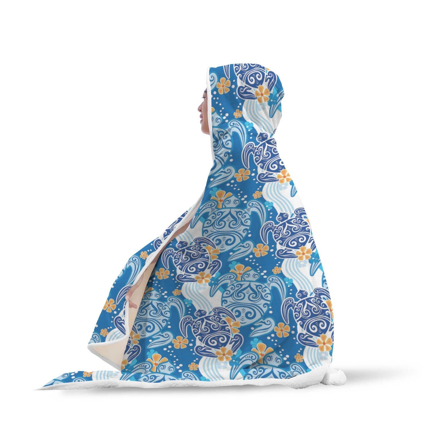 Sea Turtle Hawaiian Blue Pattern Print Hooded Blanket-grizzshop