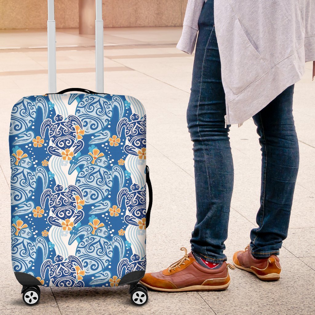 Sea Turtle Hawaiian Blue Pattern Print Luggage Cover Protector-grizzshop