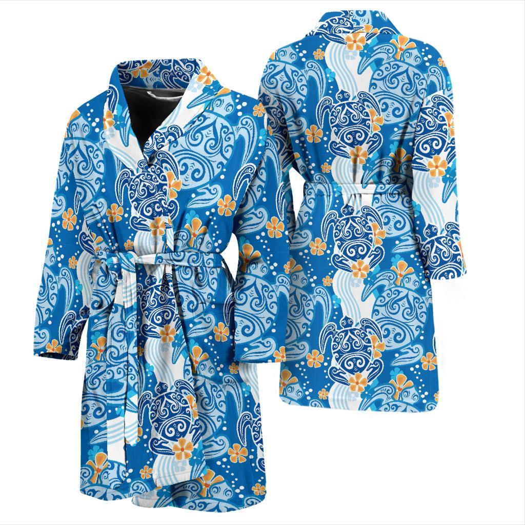 Sea Turtle Hawaiian Blue Pattern Print Men Long Robe-grizzshop