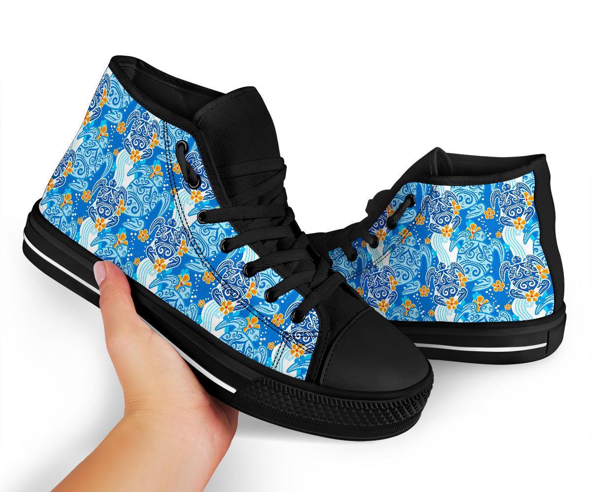 Sea Turtle Hawaiian Blue Pattern Print Men Women's High Top Shoes-grizzshop