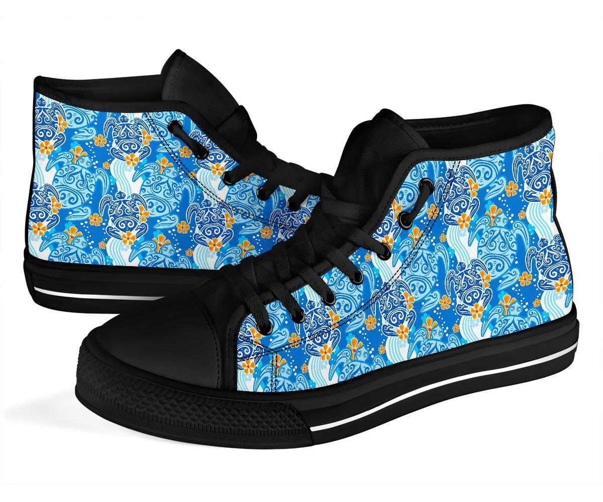 Sea Turtle Hawaiian Blue Pattern Print Men Women's High Top Shoes-grizzshop