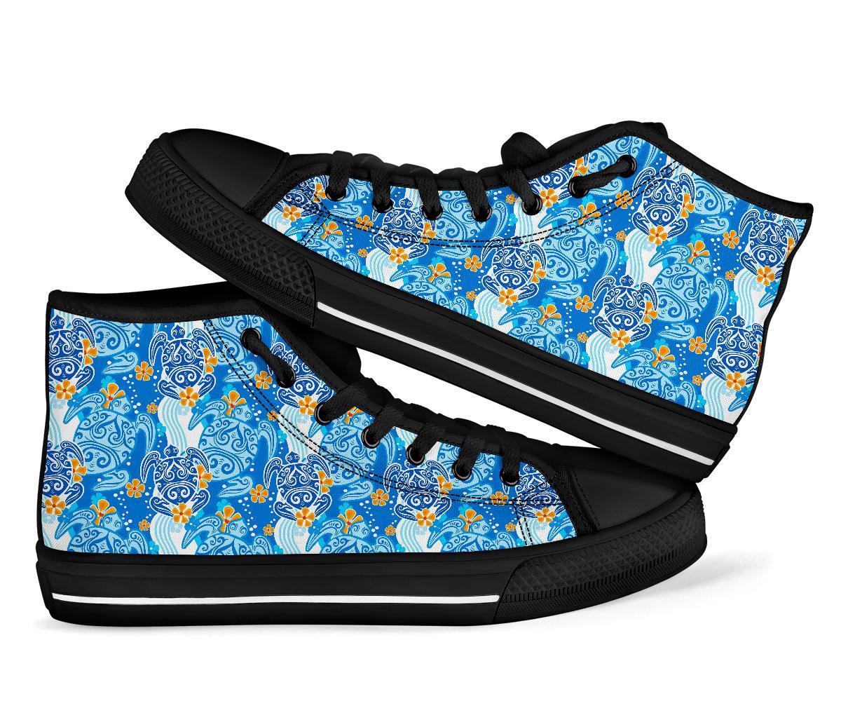 Sea Turtle Hawaiian Blue Pattern Print Men Women's High Top Shoes-grizzshop
