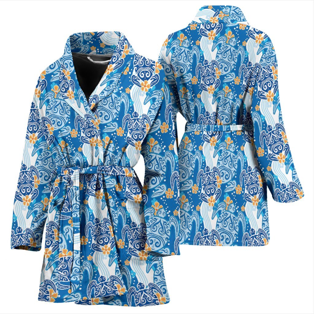 Sea Turtle Hawaiian Blue Pattern Print Women Long Robe-grizzshop