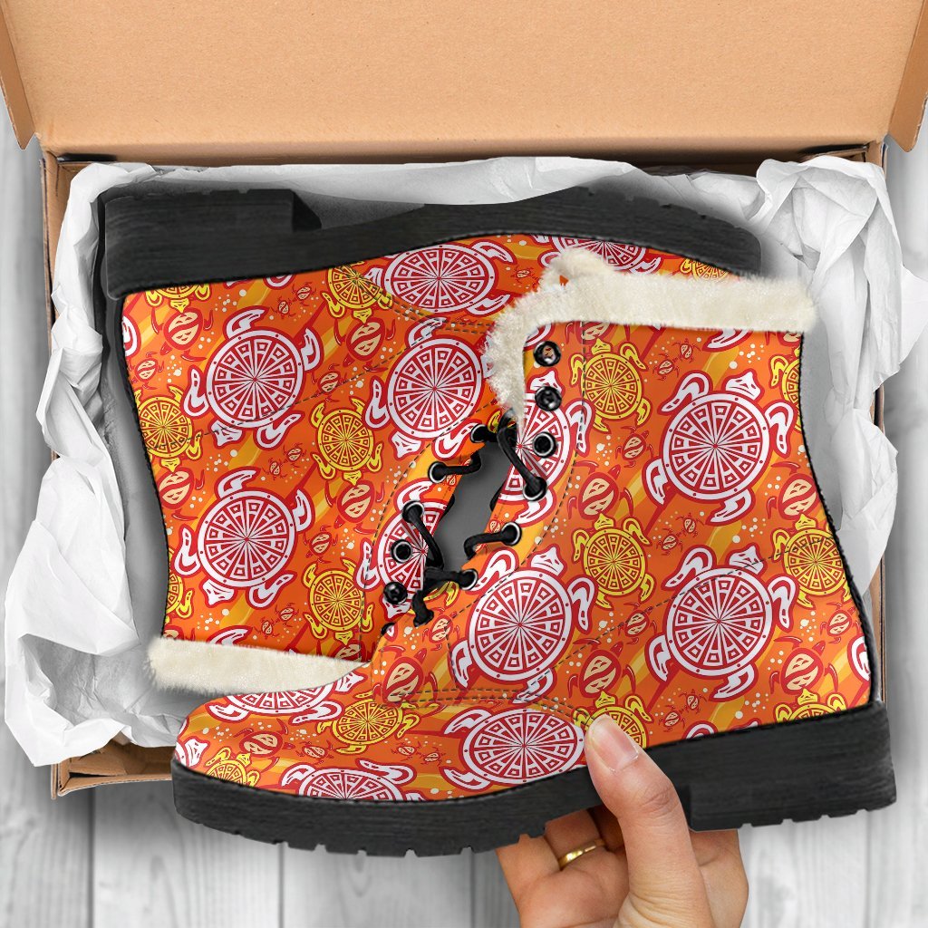 Sea Turtle Hawaiian Orange Pattern Print Comfy Winter Boots-grizzshop