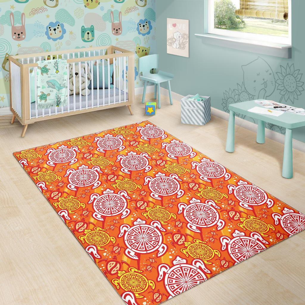 Sea Turtle Hawaiian Orange Pattern Print Floor Mat-grizzshop