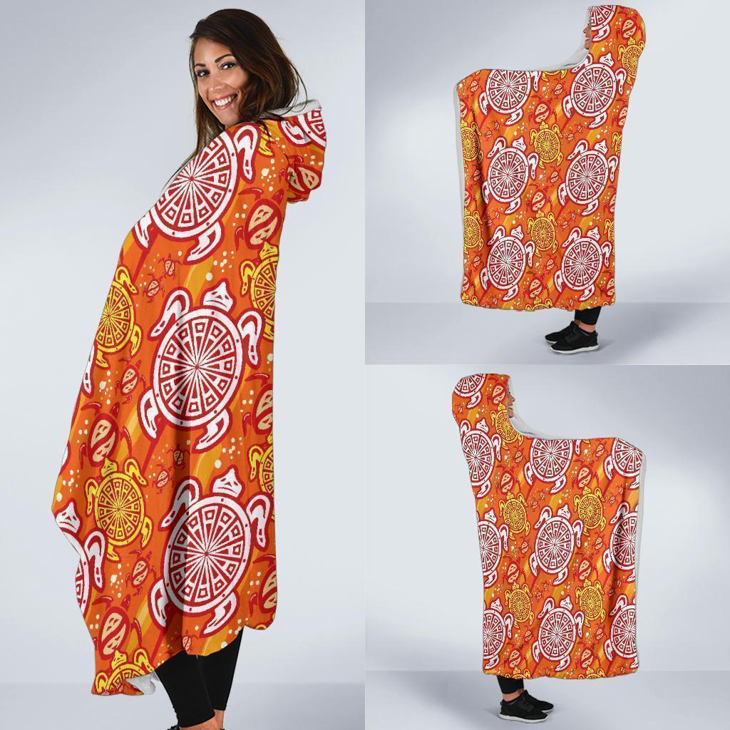 Sea Turtle Hawaiian Orange Pattern Print Hooded Blanket-grizzshop