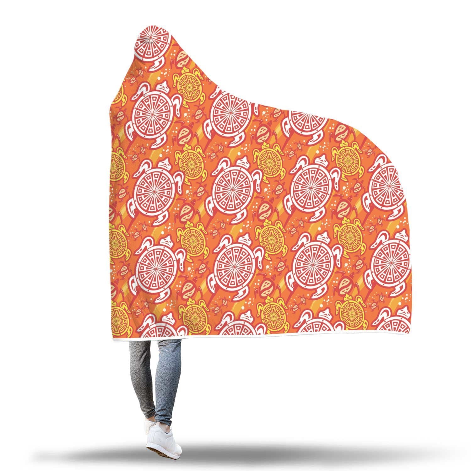 Sea Turtle Hawaiian Orange Pattern Print Hooded Blanket-grizzshop