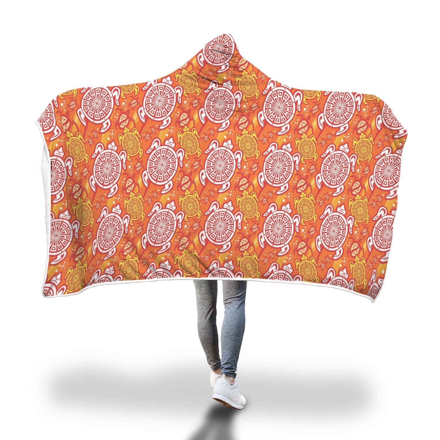 Sea Turtle Hawaiian Orange Pattern Print Hooded Blanket-grizzshop