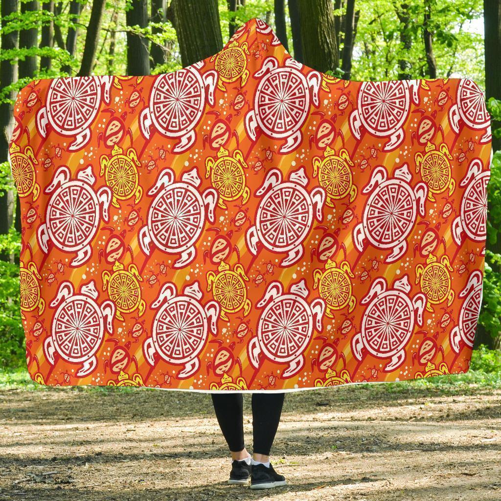 Sea Turtle Hawaiian Orange Pattern Print Hooded Blanket-grizzshop