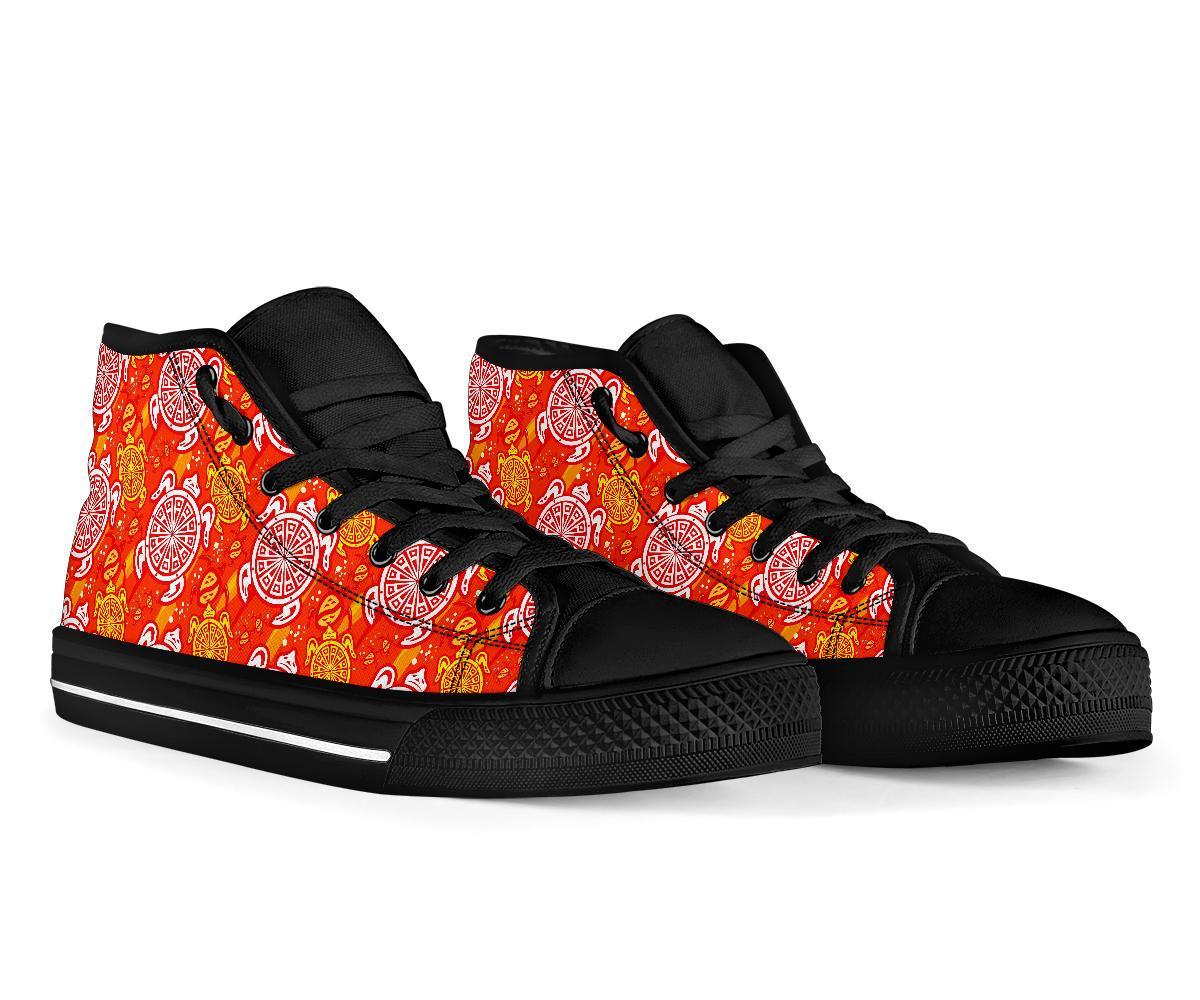 Sea Turtle Hawaiian Orange Pattern Print Men Women's High Top Shoes-grizzshop