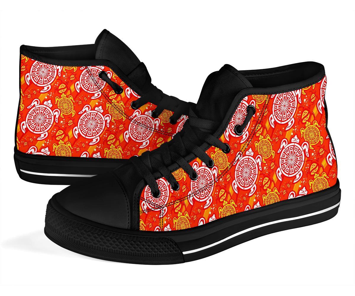 Sea Turtle Hawaiian Orange Pattern Print Men Women's High Top Shoes-grizzshop
