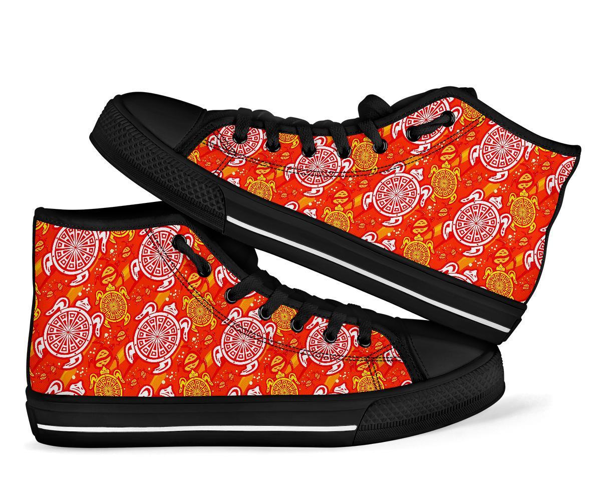 Sea Turtle Hawaiian Orange Pattern Print Men Women's High Top Shoes-grizzshop