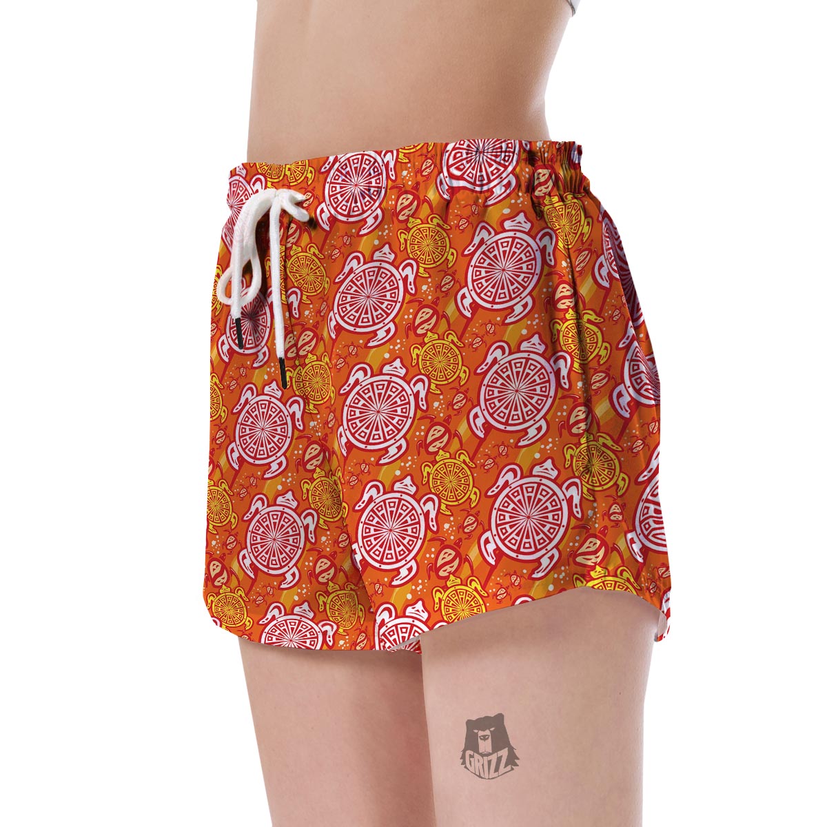 Sea Turtle Hawaiian Orange Pattern Print Women's Shorts-grizzshop