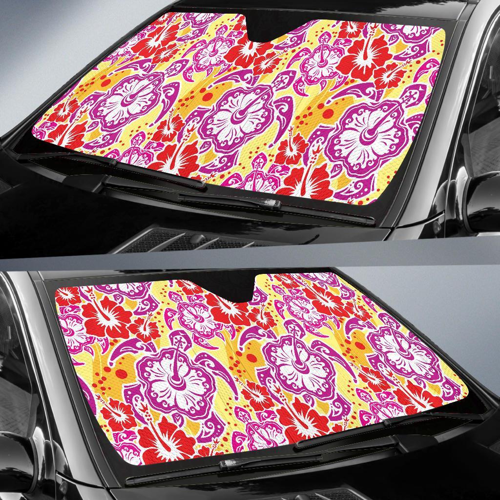 Sea Turtle Red Hibiscus Hawaiian Pattern Print Car Sun Shade-grizzshop