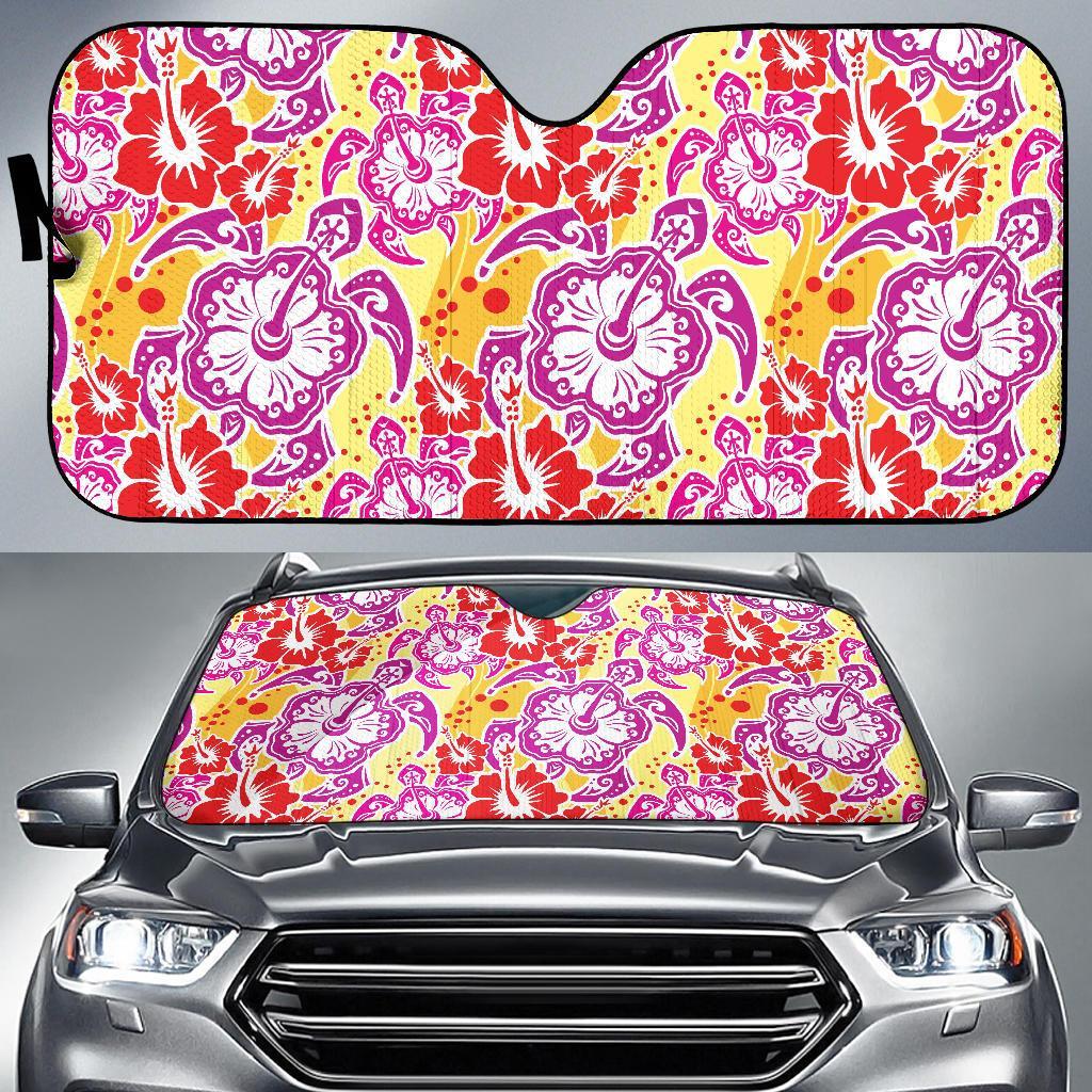Sea Turtle Red Hibiscus Hawaiian Pattern Print Car Sun Shade-grizzshop
