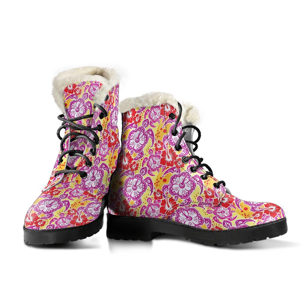Sea Turtle Red Hibiscus Hawaiian Pattern Print Comfy Winter Boots-grizzshop