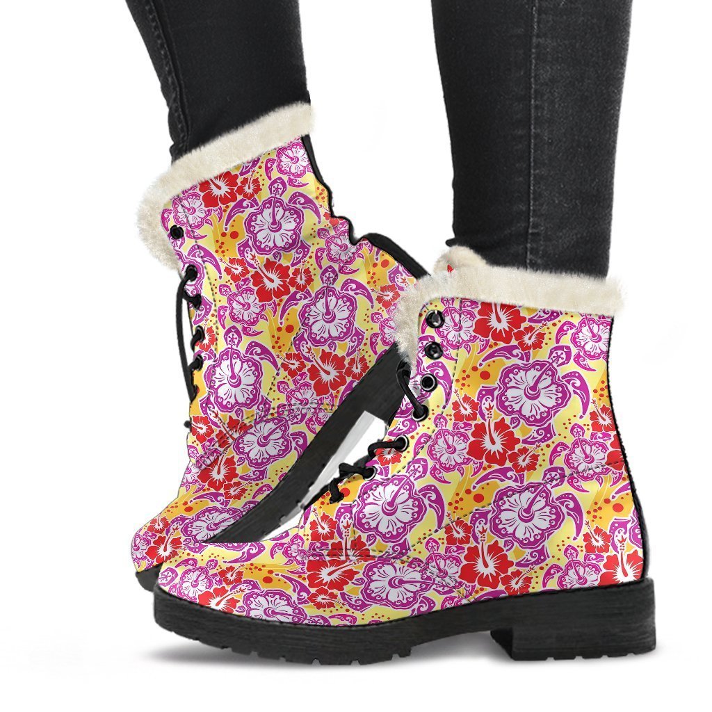 Sea Turtle Red Hibiscus Hawaiian Pattern Print Comfy Winter Boots-grizzshop
