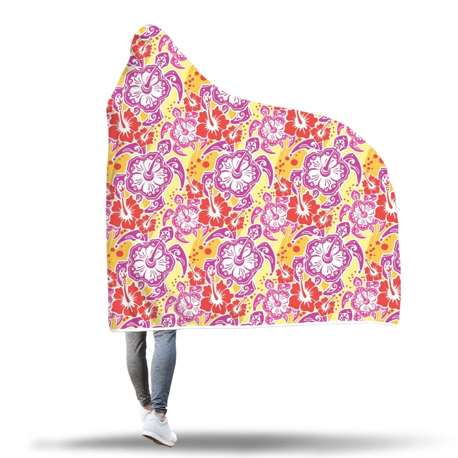 Sea Turtle Red Hibiscus Hawaiian Pattern Print Hooded Blanket-grizzshop