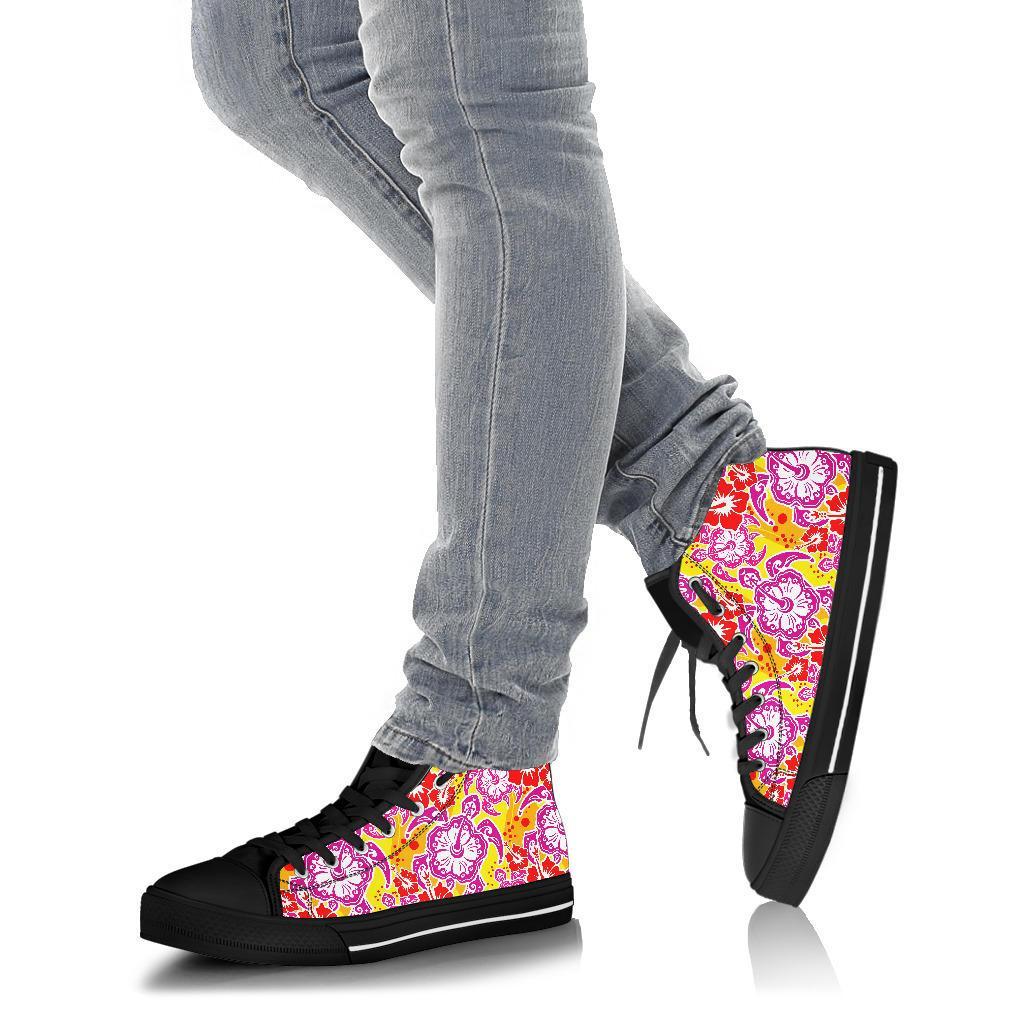 Sea Turtle Red Hibiscus Hawaiian Pattern Print Men Women's High Top Shoes-grizzshop
