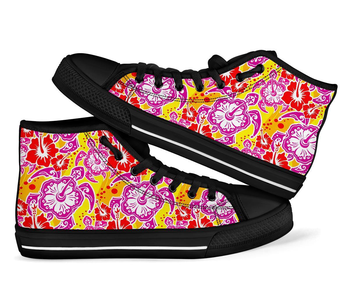 Sea Turtle Red Hibiscus Hawaiian Pattern Print Men Women's High Top Shoes-grizzshop