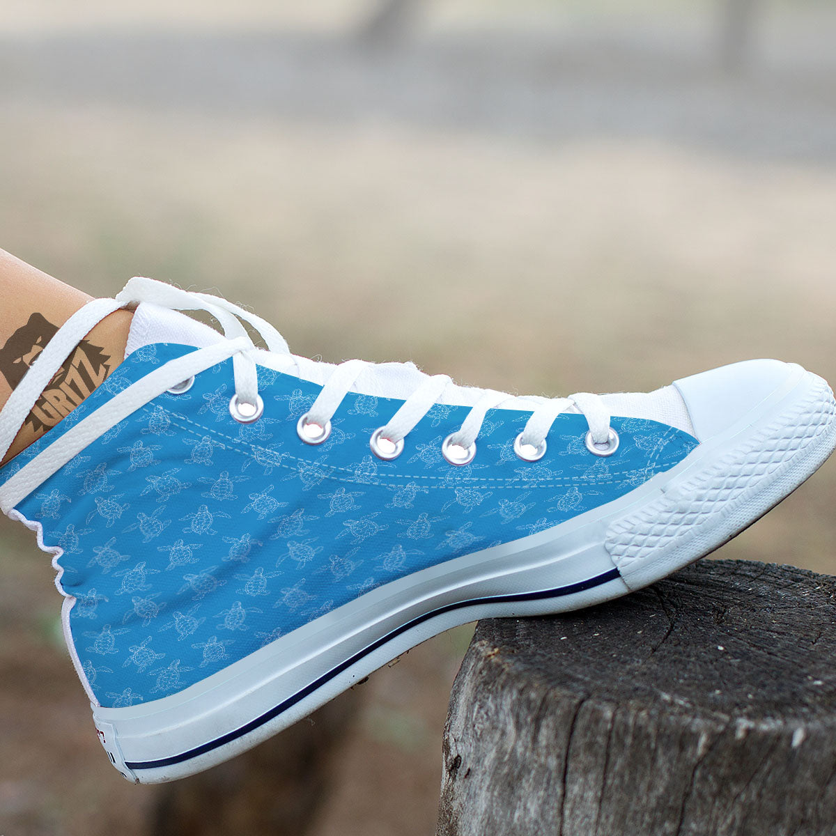 Sea Turtle White And Blue Print Pattern White High Top Shoes-grizzshop