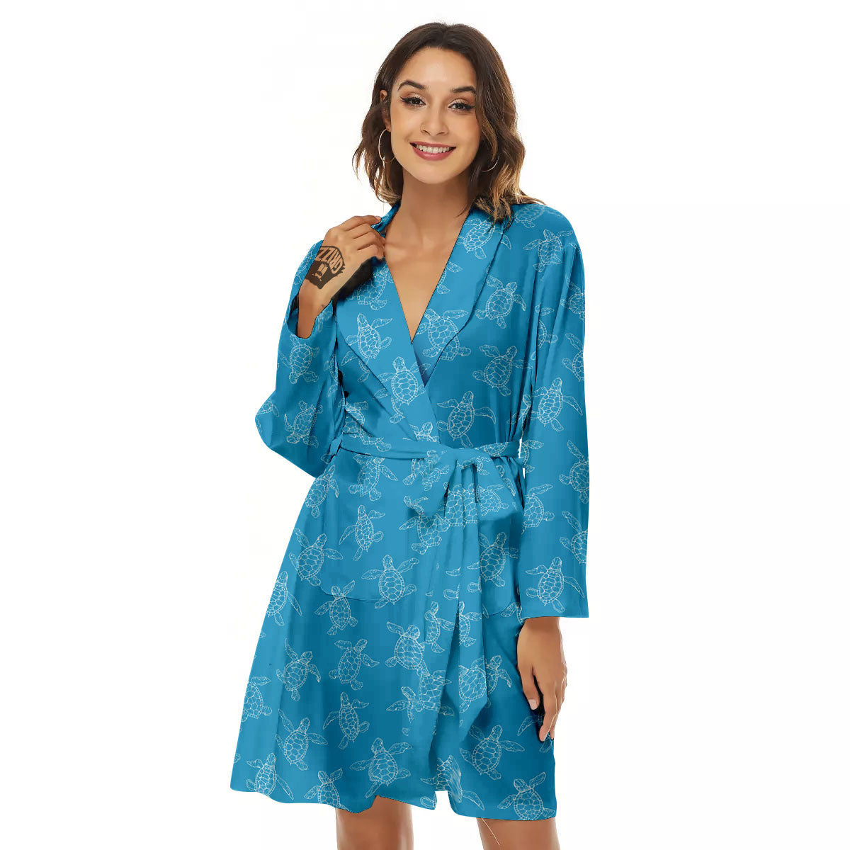 Sea Turtle White And Blue Print Pattern Women's Robe-grizzshop