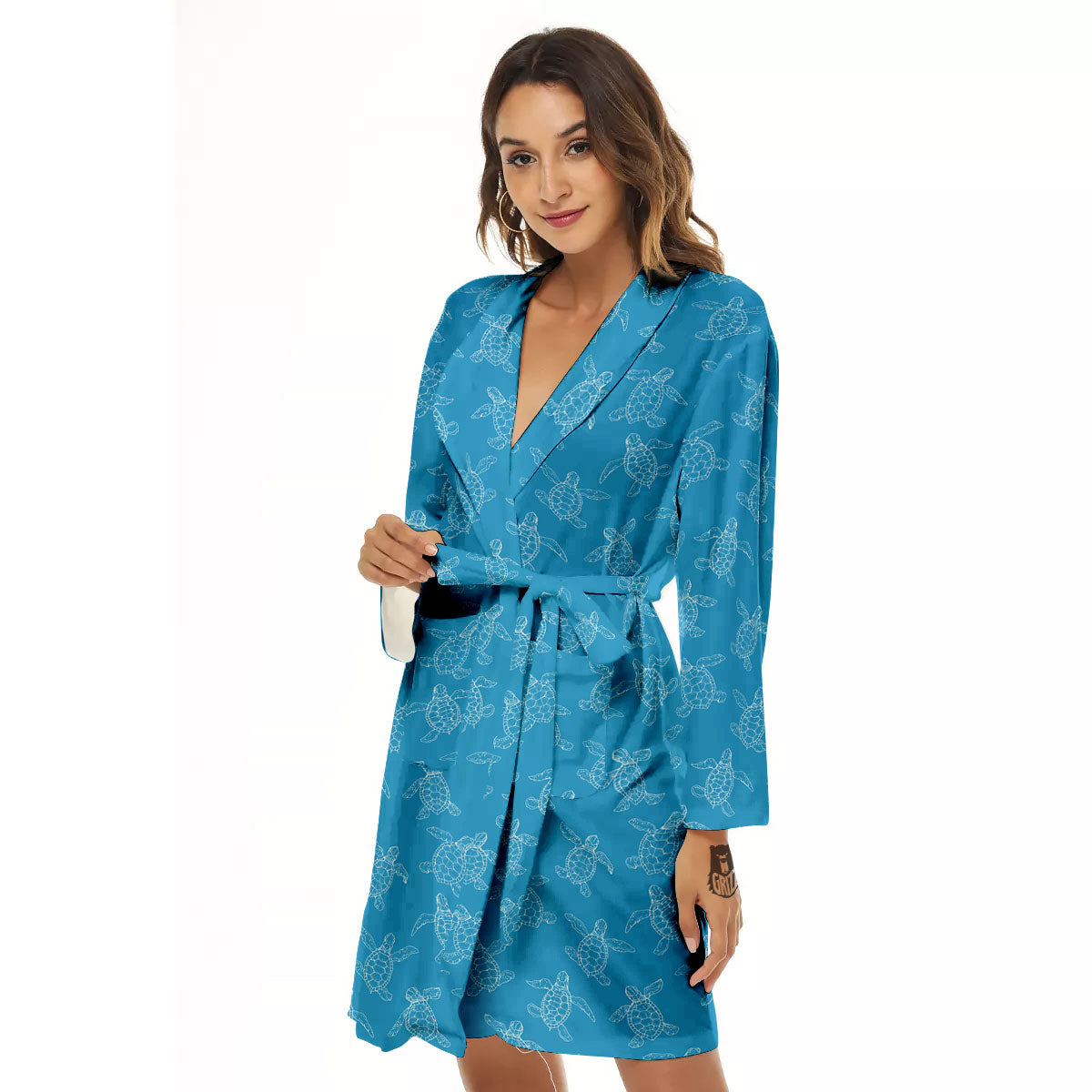 Sea Turtle White And Blue Print Pattern Women's Robe-grizzshop