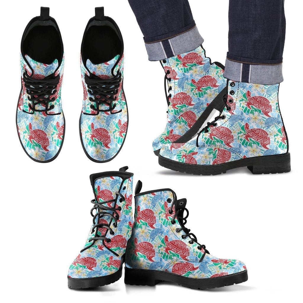 Sea Turtle Floral Hawaiian Pattern Print Men Women Leather Boots-grizzshop