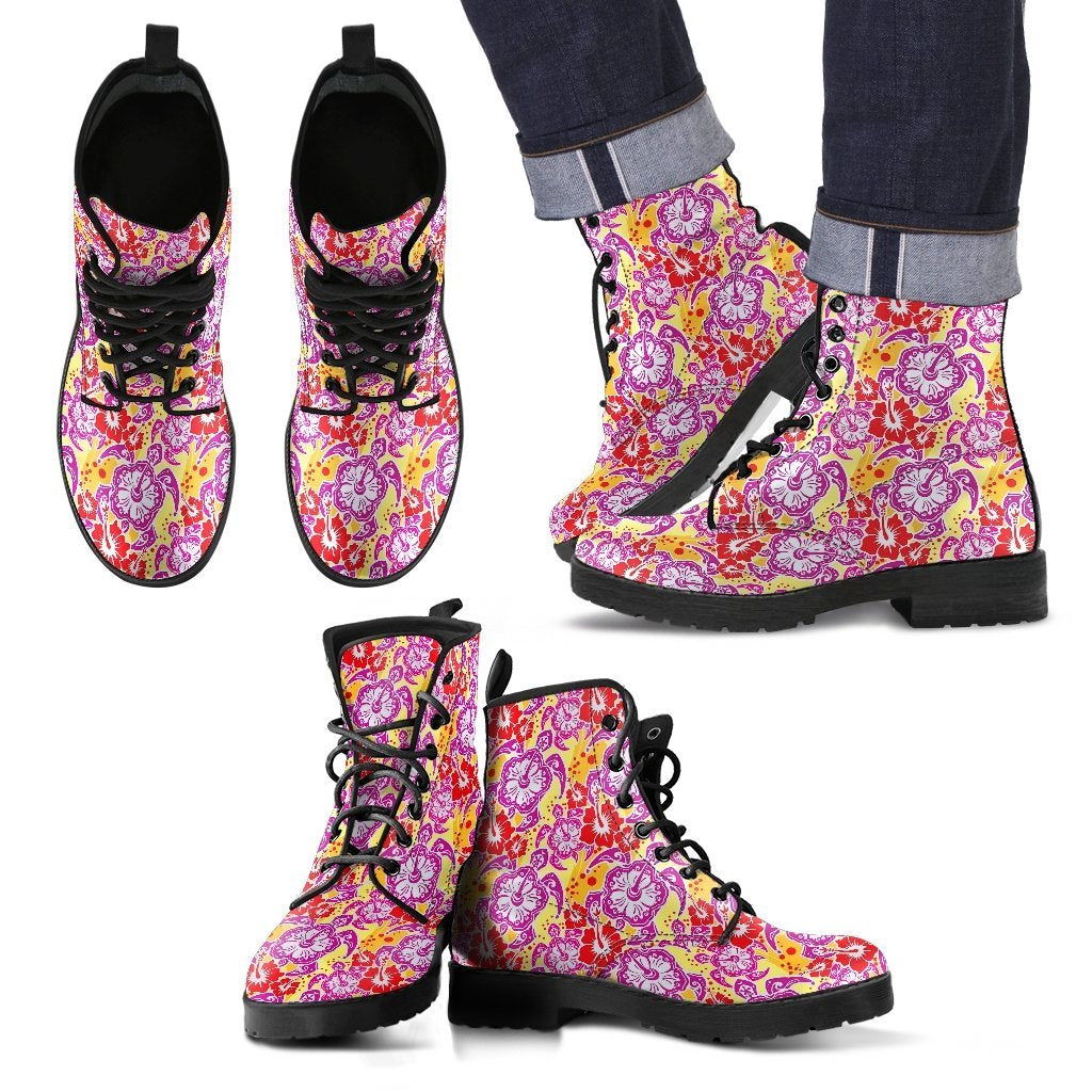 Sea Turtle Red Hibiscus Hawaiian Pattern Print Men Women Leather Boots-grizzshop