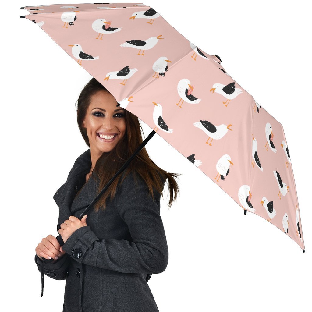 Seagull Pink Pattern Print Automatic Foldable Umbrella-grizzshop
