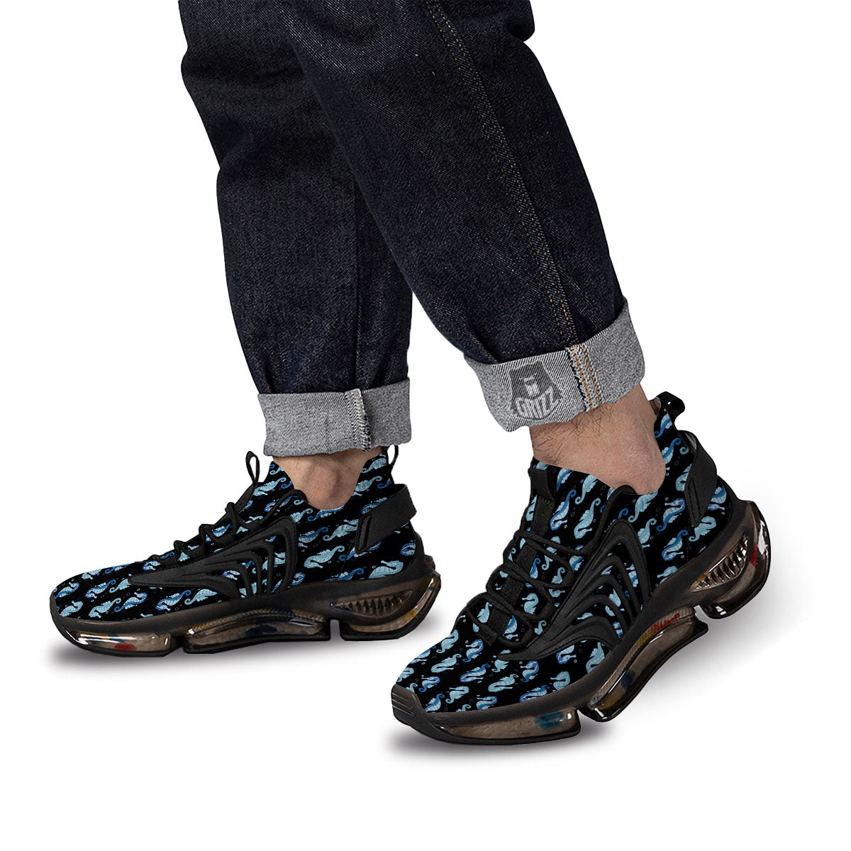 Seahorse Blue Print Pattern Black Gym Shoes-grizzshop