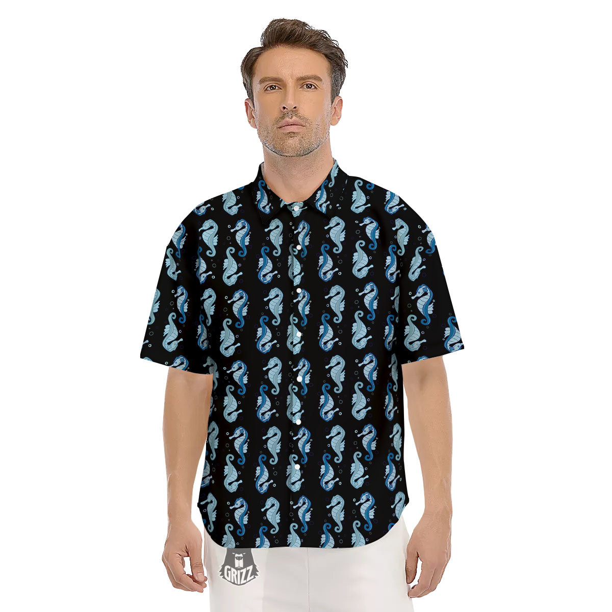 Seahorse Blue Print Pattern Men's Short Sleeve Shirts-grizzshop