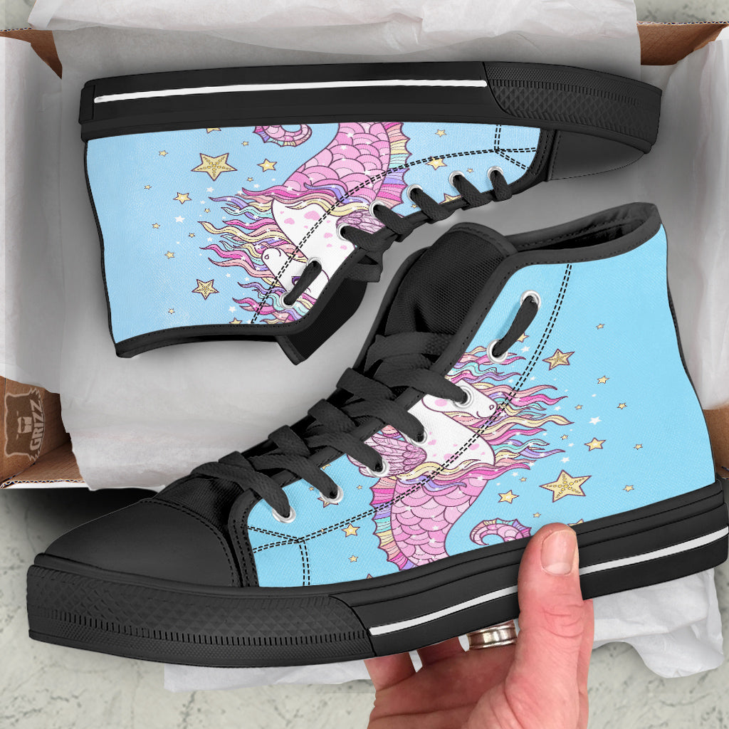 Seahorse Colorful Print Black High Top Shoes-grizzshop