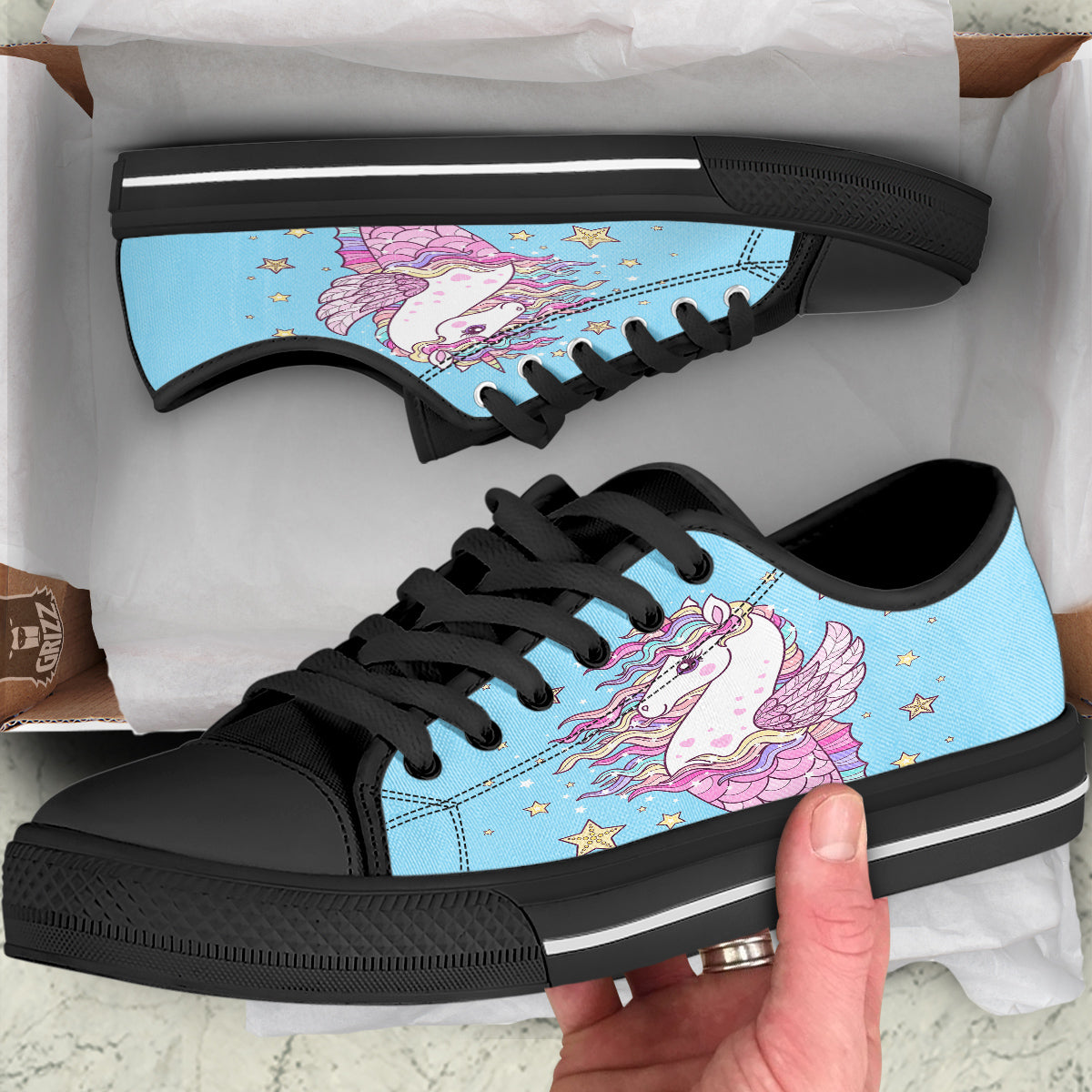 Seahorse Colorful Print Black Low Top Shoes-grizzshop